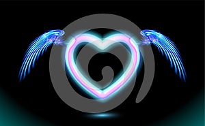 Heart anime neon with wings, blue glow radiant effect of love with space for Valentines day. Decorative holiday design, night