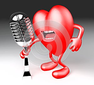 Heart with arms, legs, singing with an old microphone