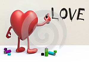 Heart with arms, legs and spray can in hand