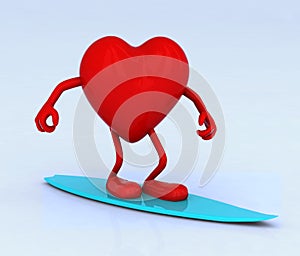 Heart with arms and legs on surf board