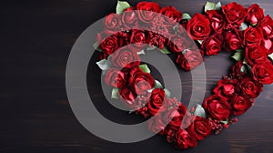 Heart arranged with red rose flowers. Top view wooden background.Valentine\'s Day banner with space for your own co