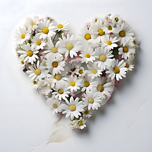 Heart arranged with white daisy flowers. Heart as a symbol of affection and