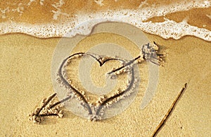 Heart with arrow, as love sign, drawn on the beach shore, with s