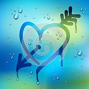 Heart and arrow drawn on a window over blurred background and water rain drops, vector realistic illustration, fall in love and