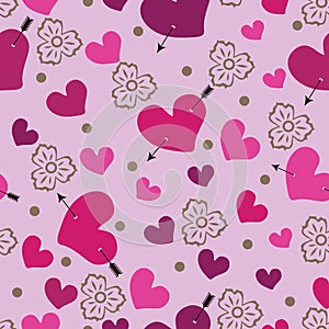 Heart an arrow and flowers. Seamless pattern