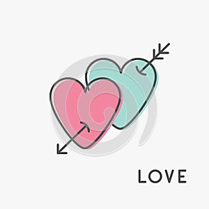 Heart arrow sign symbol. Thin line icon set. Pink and blue color heart couple. Isolated