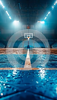 Atmospheric Indoor Basketball Court Viewed from the Center with Rain Reflections and Distant Hoop Illuminated by Stadium Lights photo
