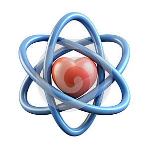 Heart in atom orbit, 3d render isolated.