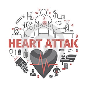 Heart Attack Banner. Symptoms, Treatment. Vector signs for web graphics.