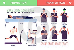 Heart attack. Cardiac disease brochure, symptoms and prevention. Adult illness, chest pain and pressure. Vector health