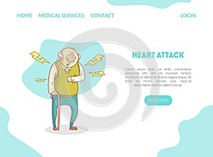 Heart Attack Landing Page, Elderly Man Suffering from Heartache, Website or Mobile App Template Vector Illustration