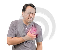 Heart attack, man with chest pain isolated on white background