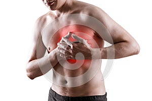 Heart attack, man with chest pain isolated on white background, cardiovascular disease concept