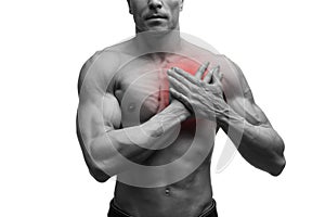 Heart attack, middle aged muscular man with chest pain isolated on white background