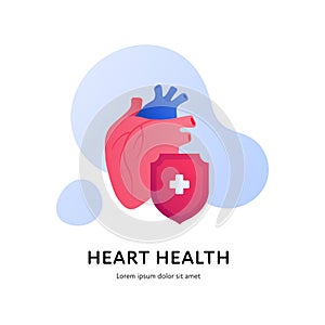 Heart attack prevention healthcare collection. Vector flat illustration. Color pink anatomilcal heart with red shield symbol on