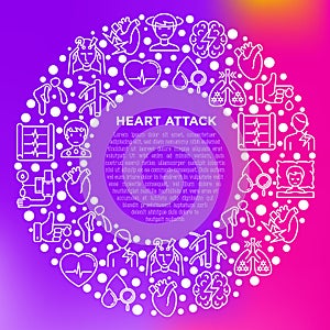 Heart attack symptomps concept in circle thin line icons: dizziness, dyspnea, cardiogram, panic attack, weakness, acute pain,