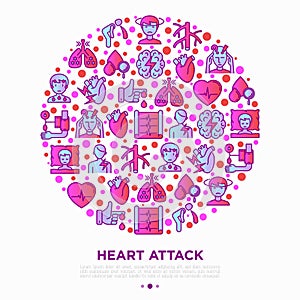 Heart attack symptomps concept in circle thin line icons: dizziness, dyspnea, cardiogram, panic attack, weakness, acute pain,