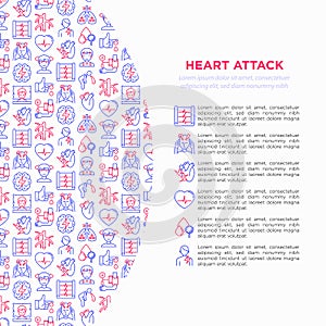 Heart attack symptomps concept wiht thin line icons: dizziness, dyspnea, cardiogram, panic attack, weakness, acute pain,