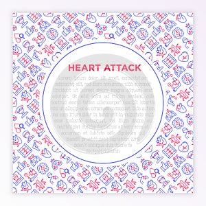 Heart attack symptomps concept wiht thin line icons: dizziness, dyspnea, cardiogram, panic attack, weakness, acute pain,