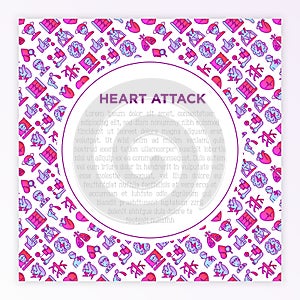 Heart attack symptoms concept wiht thin line icons: dizziness, dyspnea, cardiogram, panic attack, weakness, acute pain,