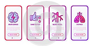 Heart attack symptoms thin line icons set: brain damage, diabetes test, vessel, dyspnea. Vector illustration for user mobile