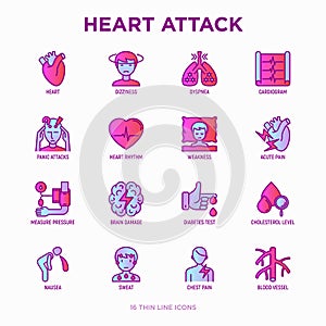 Heart attack symptoms thin line icons set: dizziness, dyspnea, cardiogram, panic attack, weakness, acute pain, cholesterol level,