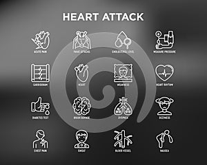 Heart attack symptoms thin line icons set: dizziness, dyspnea, cardiogram, panic attack, weakness, acute pain, cholesterol level,