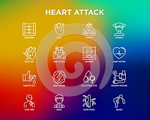 Heart attack symptoms thin line icons set: dizziness, dyspnea, cardiogram, panic attack, weakness, acute pain, cholesterol level,