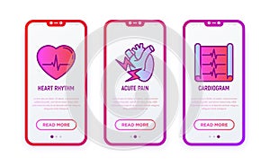 Heart attack symptoms thin line icons set: heart rhythm, cardiogram, acute pain. Modern vector illustration for user mobile