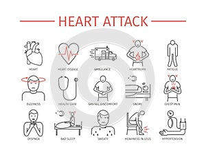 Heart Attack. Symptoms, Treatment. Line icons set. Vector