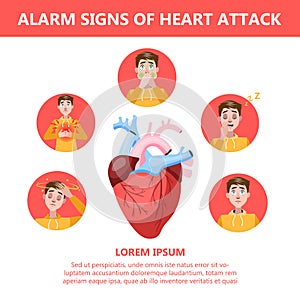 Heart attack symptoms and warning sings. Infographic