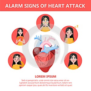 Heart attack symptoms and warning sings. Infographic