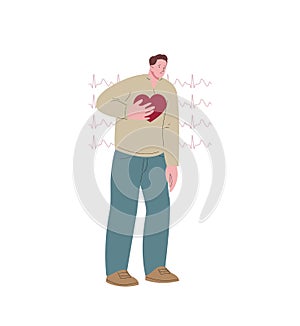 Heart attack vector concept. Cardiology, problems with heart. Man has pain in breast, line cardiogramma. Medicine and