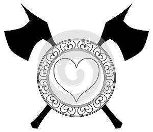 Heart with axes, black and white, patterned, isolated.