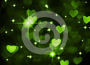 Heart background boke photo, dark green color. Abstract holiday, celebration and valentine backdrop.