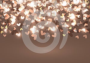 Heart background or card with lights ahd tender elements on shampagne background on St Valentines day or wedding