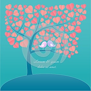 Couple Love Birds on the branch of the heart shape leaves tree pastel color vector background