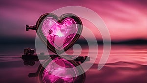 heart on the background of the sky a steampunk, Isolated pink heart above a reflective sea. Metaphor for reflection