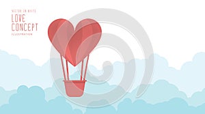 Heart balloon floating in the sky freely and clouds flat vector.