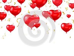 Heart balloon with gold confetti frame. Celebration background. Realistic red balloons shape heart border. Happy
