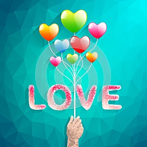 Heart balloon and Polygon hand.abstract love vector illustration