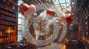 Heart Balloons Float Above A Steampunk Library