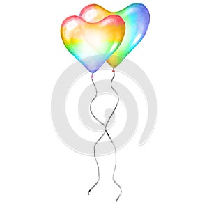 Heart balloons LGBT love romantic icon. Couple rainbow watercolor flying balloons in shape of heart