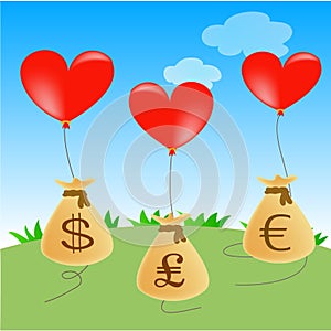 Heart balloons with money bags