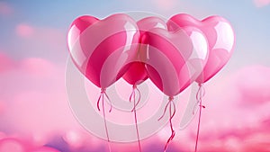 Heart balloons. Pink Valentine background. Magic real heart made from clouds in the sunset sky. Pink light heart