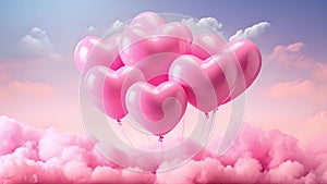 Heart balloons. Pink Valentine background. Magic real heart made from clouds in the sunset sky. Pink light heart