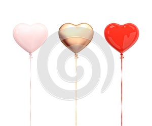 Heart Balloons Set. Gold, Red, Pink. 3d realistic colorful balloon heart with ribbon isolated on white background. Valentine`s Da