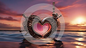 heart on the beach _A steampunk love background with a heart on water. The heart is a magical artifact