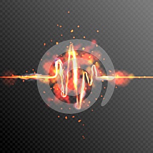 Heart beat 3D wave on transparent background. Abstract heartbeat or cardiogram in form of fire with sparks.