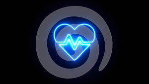 Heart Beat neon sign appear in center and disappear after some time. Loop animation of blue neon symbol